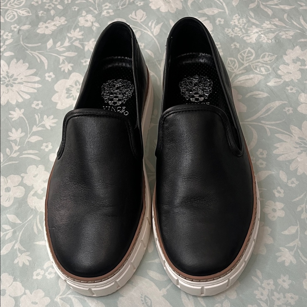 Vince Camuto Black Leather Womens Loafers with White Soles size 7.5 M